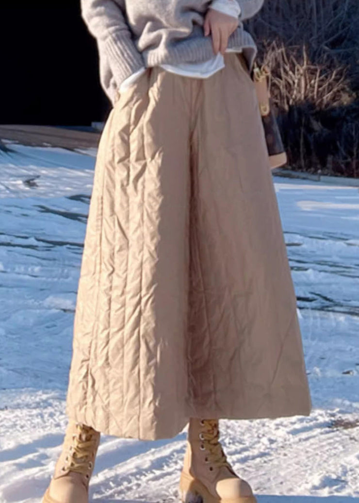 Loose Khaki Pockets Elastic Waist Thick Cotton Filled Wide Leg Pants Winter