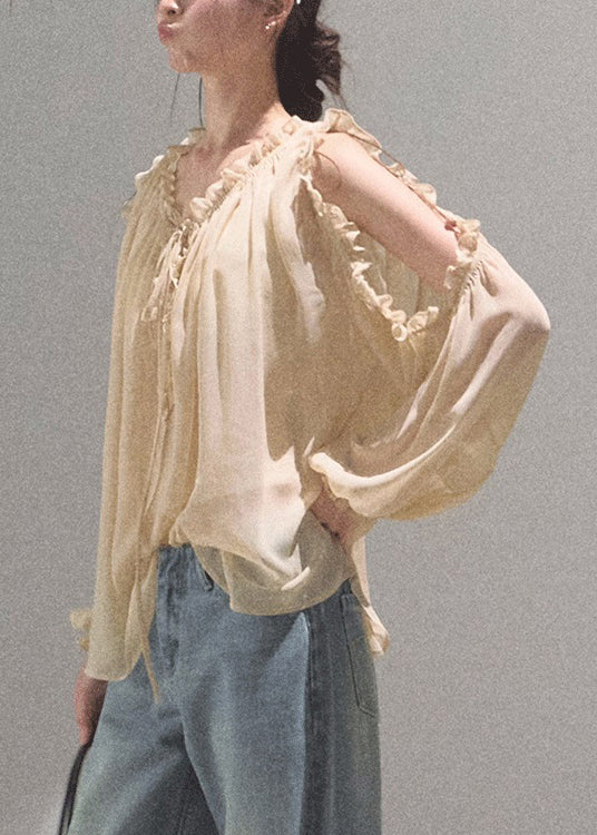 Loose Khaki Ruffled Lace Up Chiffon Shirts Fall