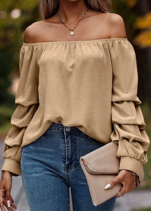 Loose Khaki Slash Neck Solid Shirts Tops Spring