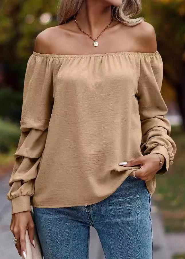 Loose Khaki Slash Neck Solid Shirts Tops Spring