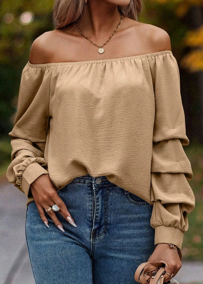 Loose Khaki Slash Neck Solid Shirts Tops Spring