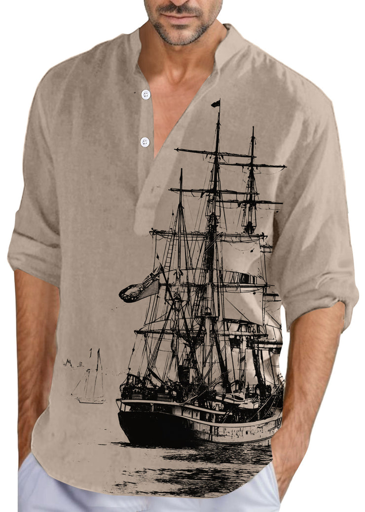 Loose Khaki Stand Collar Print Button Cotton Men Shirts Fall