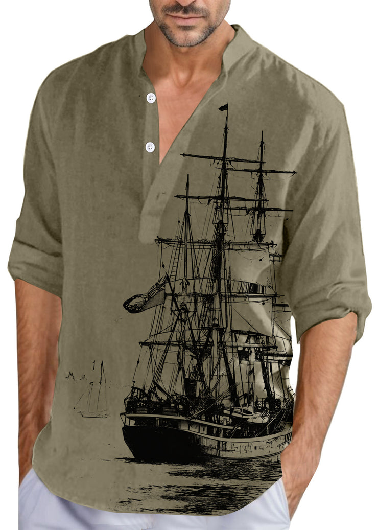 Loose Khaki Stand Collar Print Button Cotton Men Shirts Fall
