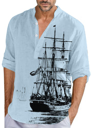 Loose Khaki Stand Collar Print Button Cotton Men Shirts Fall