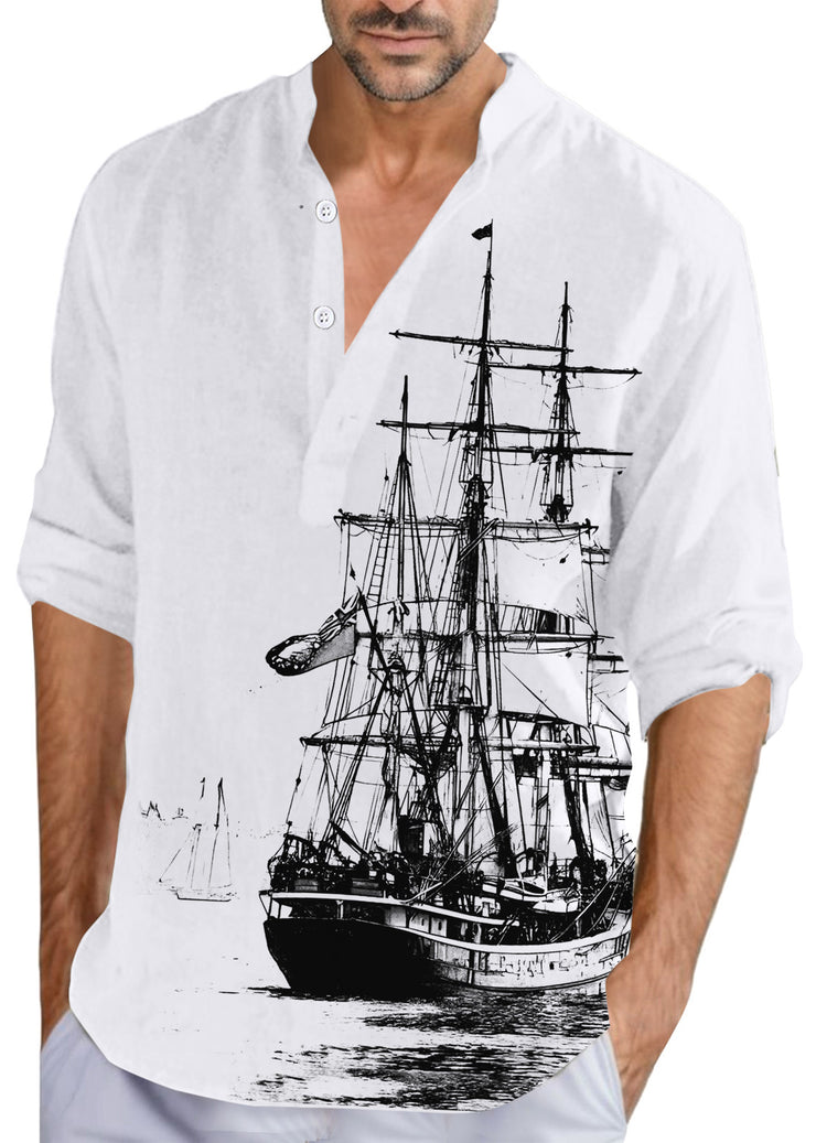 Loose Khaki Stand Collar Print Button Cotton Men Shirts Fall