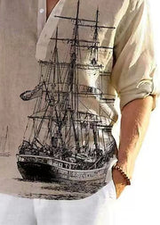 Loose Khaki Stand Collar Print Button Cotton Men Shirts Fall