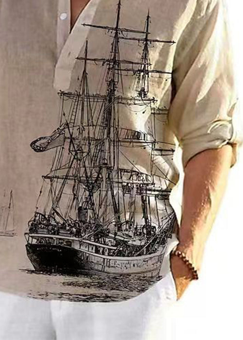 Loose Khaki Stand Collar Print Button Cotton Men Shirts Fall