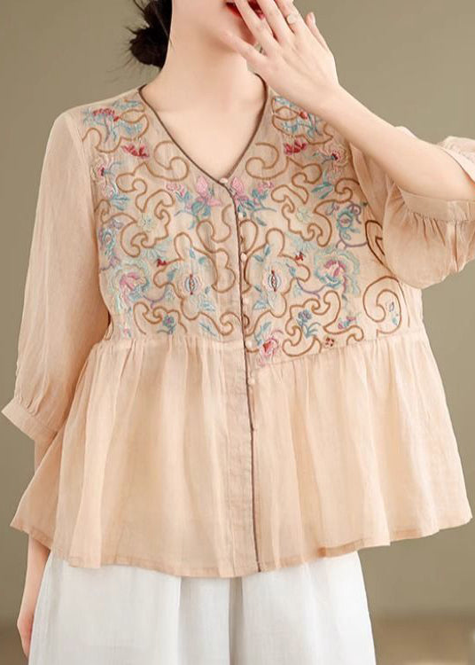 Loose Khaki V Neck Embroidered Linen Shirt Fall