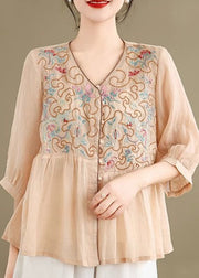Loose Khaki V Neck Embroidered Linen Shirt Fall