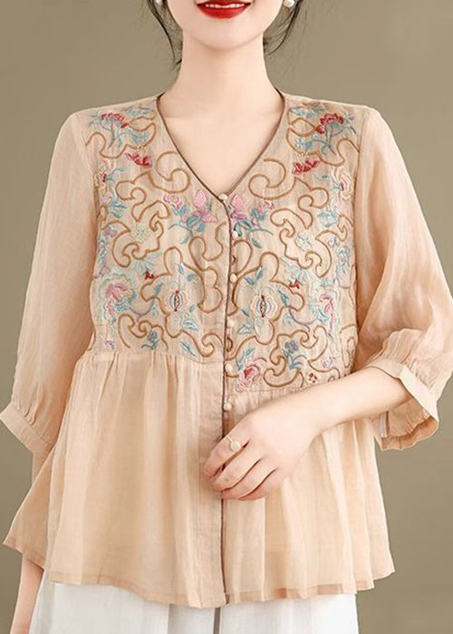 Loose Khaki V Neck Embroidered Linen Shirt Fall