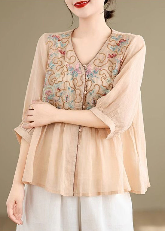 Loose Khaki V Neck Embroidered Linen Shirt Fall