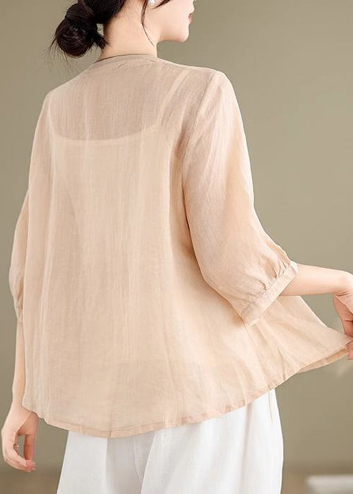 Loose Khaki V Neck Embroidered Linen Shirt Fall