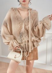 Loose Khaki V Neck Hollow Out Knit Coats Flare Sleeve