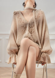 Loose Khaki V Neck Hollow Out Knit Coats Flare Sleeve