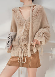 Loose Khaki V Neck Hollow Out Knit Coats Flare Sleeve
