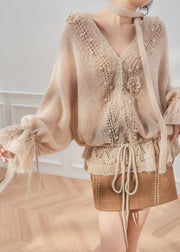 Loose Khaki V Neck Hollow Out Knit Coats Flare Sleeve
