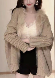 Loose Khaki V Neck Sequins Patchwork Knit Cardigan Batwing Sleeve