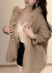 Loose Khaki V Neck Sequins Patchwork Knit Cardigan Batwing Sleeve