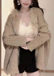 Loose Khaki V Neck Sequins Patchwork Knit Cardigan Batwing Sleeve