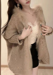 Loose Khaki V Neck Sequins Patchwork Knit Cardigan Batwing Sleeve