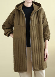Loose Khaki Zip Up Pockets Hooded Fine Cotton Filled Parka Fall