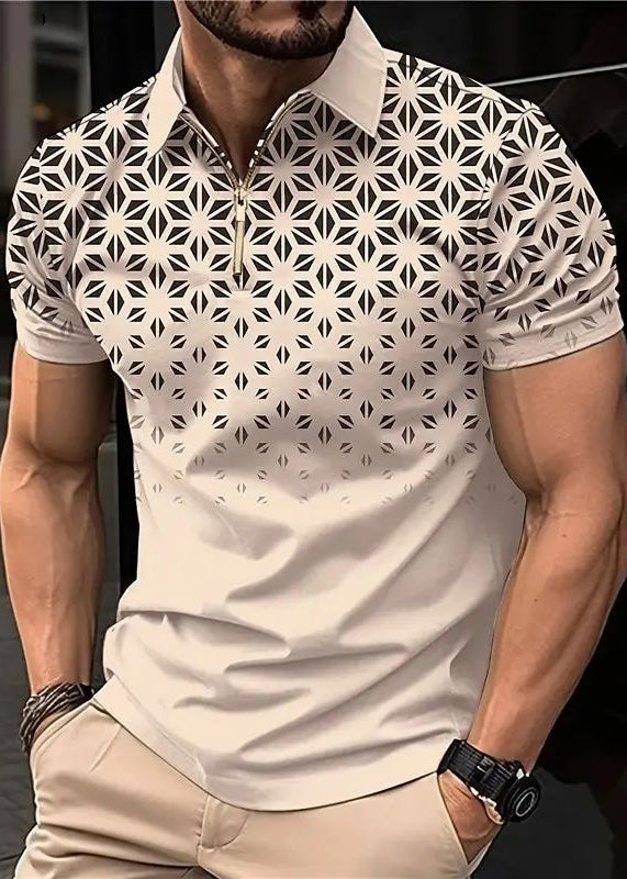 Loose Khaki Zip Up Print Cotton Mens Polo Shirts Summer