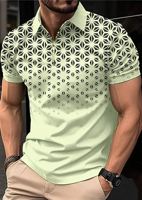 Loose Khaki Zip Up Print Cotton Mens Polo Shirts Summer