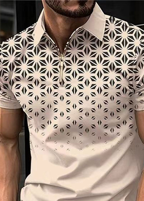 Loose Khaki Zip Up Print Cotton Mens Polo Shirts Summer