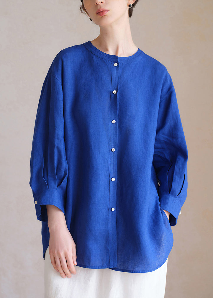 Loose Klein Blue Button Side Open Linen Blouse Fall