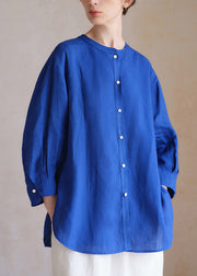 Loose Klein Blue Button Side Open Linen Blouse Fall