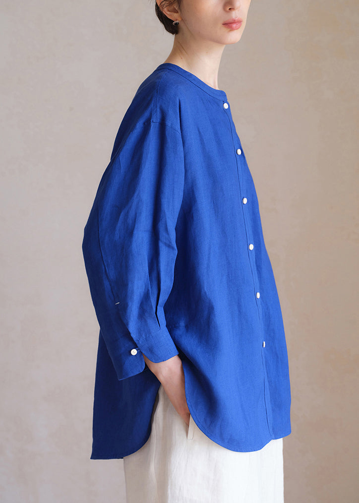 Loose Klein Blue Button Side Open Linen Blouse Fall