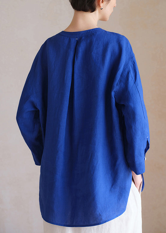 Loose Klein Blue Button Side Open Linen Blouse Fall
