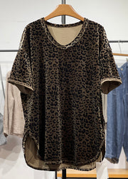 Loose Leopard O Neck Side Open Silk Velour T Shirt Summer