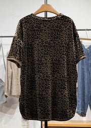 Loose Leopard O Neck Side Open Silk Velour T Shirt Summer