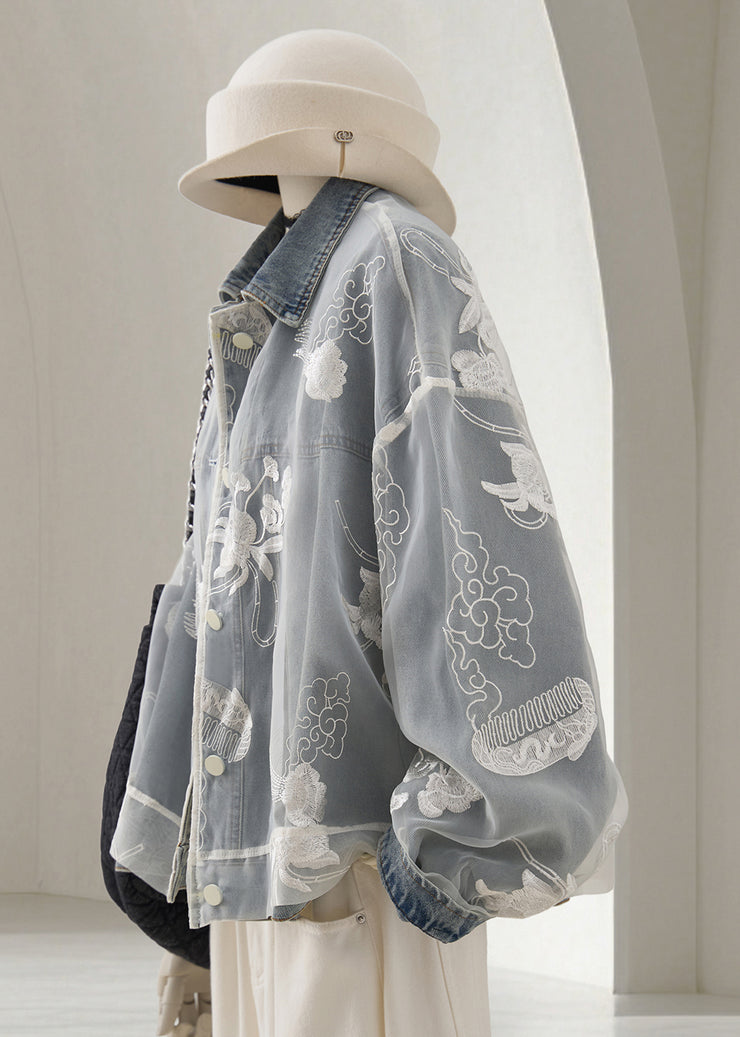 Loose Light Blue Embroidered Patchwork Denim Coats Fall