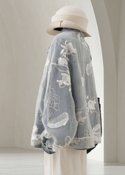 Loose Light Blue Embroidered Patchwork Denim Coats Fall