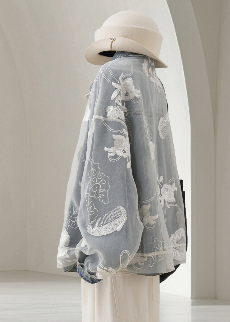 Loose Light Blue Embroidered Patchwork Denim Coats Fall