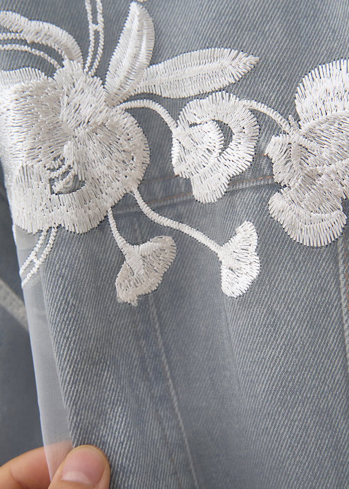 Loose Light Blue Embroidered Patchwork Denim Coats Fall