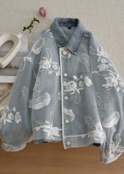 Loose Light Blue Embroidered Patchwork Denim Coats Fall