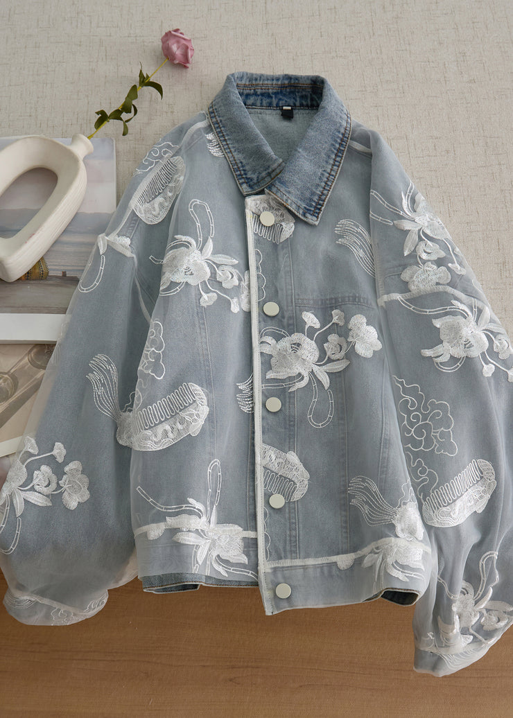 Loose Light Blue Embroidered Patchwork Denim Coats Fall