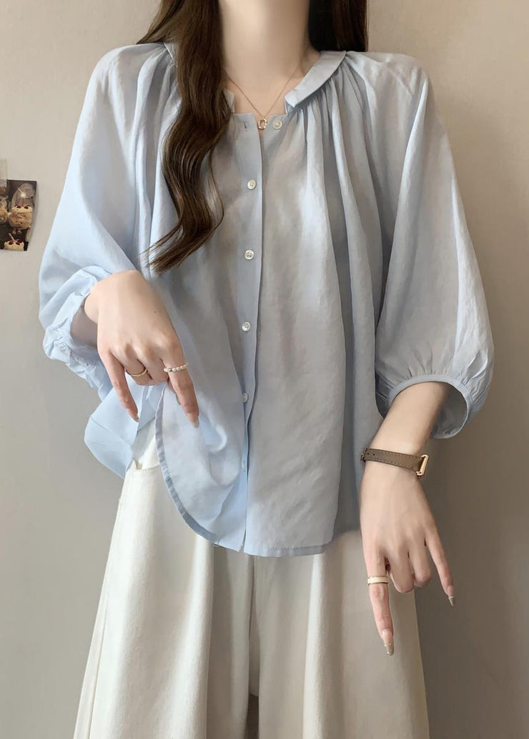 Loose Light Blue Peter Pan Collar Button Chiffon Shirts Bracelet Sleeve