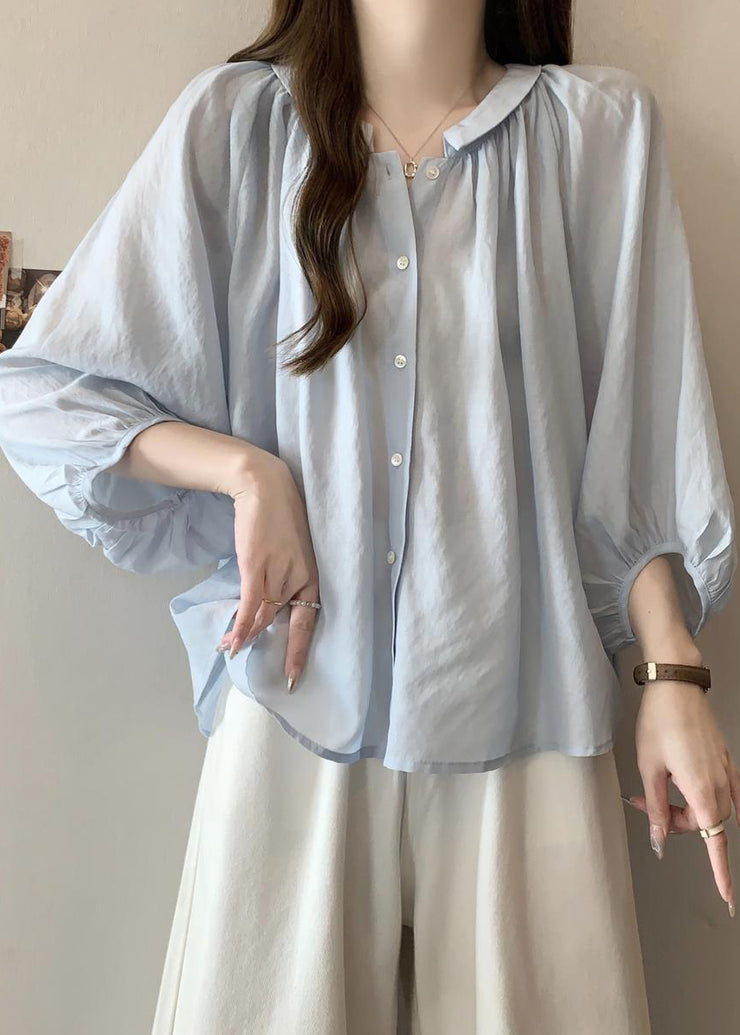 Loose Light Blue Peter Pan Collar Button Chiffon Shirts Bracelet Sleeve