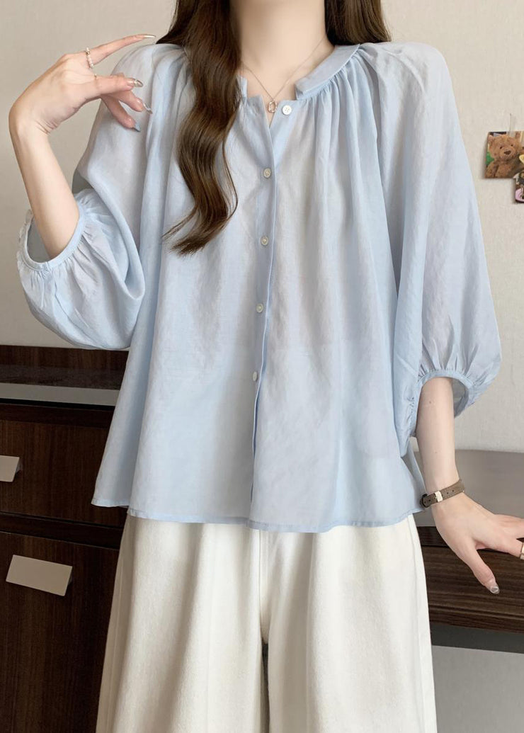 Loose Light Blue Peter Pan Collar Button Chiffon Shirts Bracelet Sleeve