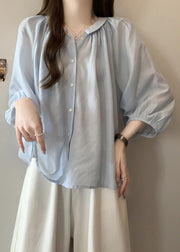 Loose Light Blue Peter Pan Collar Button Chiffon Shirts Bracelet Sleeve