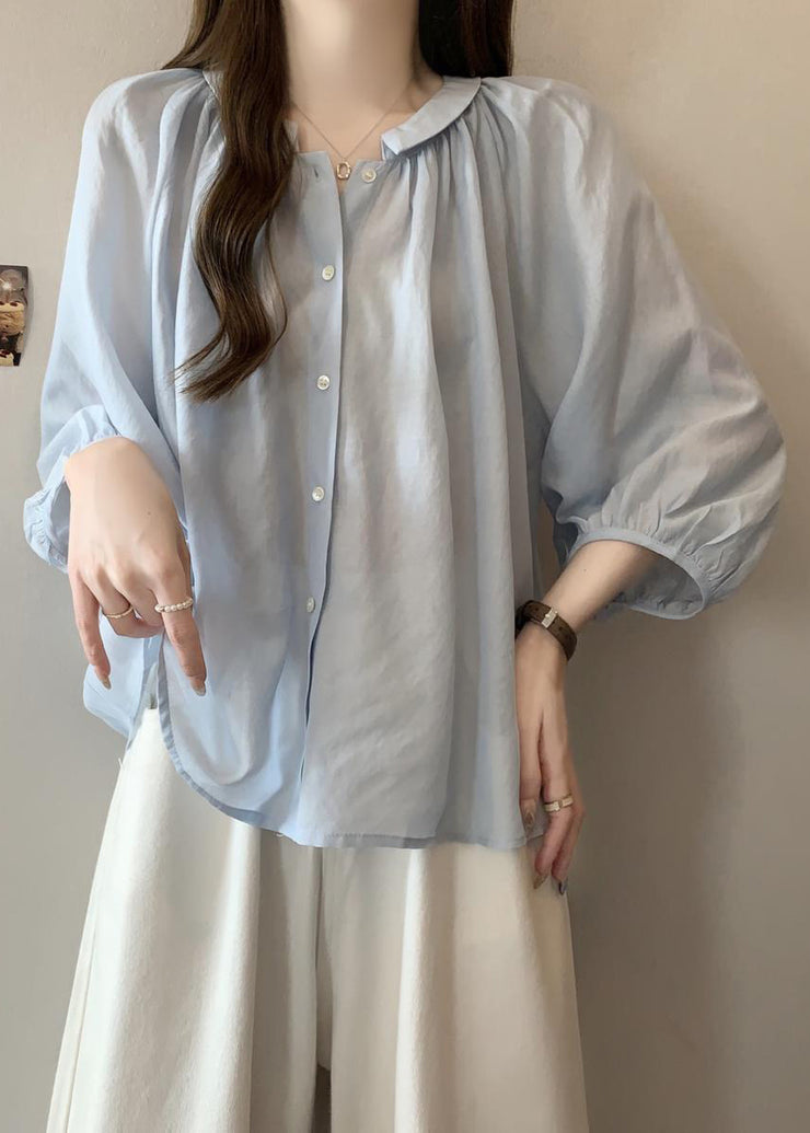 Loose Light Blue Peter Pan Collar Button Chiffon Shirts Bracelet Sleeve