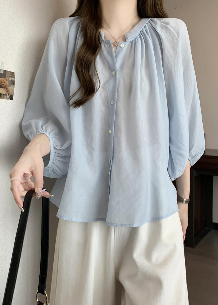 Loose Light Blue Peter Pan Collar Button Chiffon Shirts Bracelet Sleeve