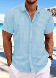Loose Light Blue Peter Pan Collar Button Solid Cotton Shirt Men Summer