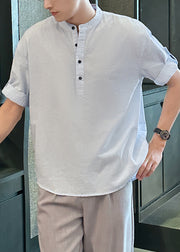 Loose Light Blue Stand Collar Button Cotton Mens Shirts Summe