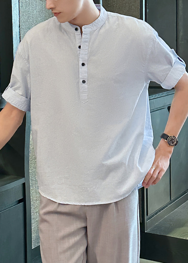 Loose Light Blue Stand Collar Button Cotton Mens Shirts Summe