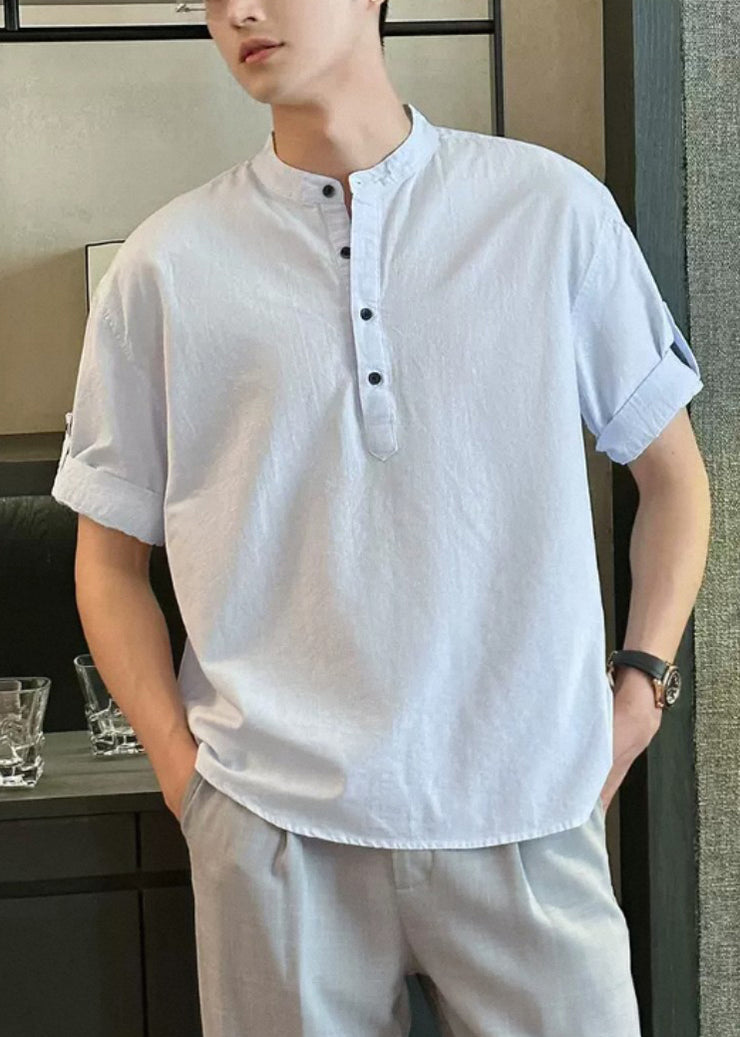 Loose Light Blue Stand Collar Button Cotton Mens Shirts Summe